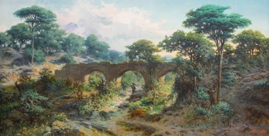 Moorish Aqueduct. Madinat al-Zahara Palace water supply infrastructure. Painted by Rafael Romero Barros in 1887. Fine Arts Museum of Cordoba clipart