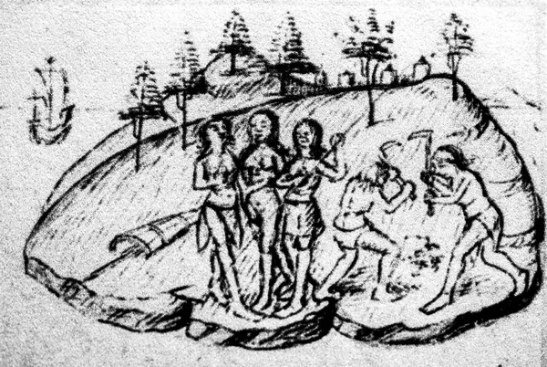 ベスコンプトとラ サールによるカナリア諸島の征服 ヘンリー3世の家臣 1402年 中世の写本からの彫刻 Canarien — ストック写真
