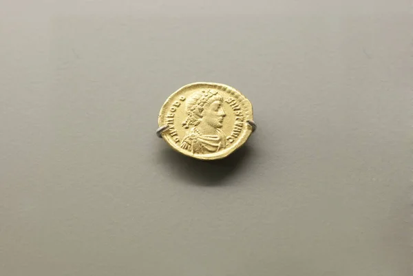 Mérida España Noviembre 2020 Theodosius Roman Emperor Coin Museo Nacional —  Fotos de Stock