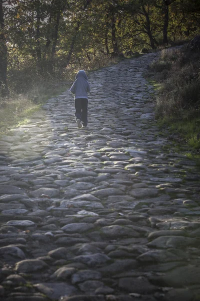小男孩独自爬上陡峭的石路 儿童个人努力概念 — 图库照片