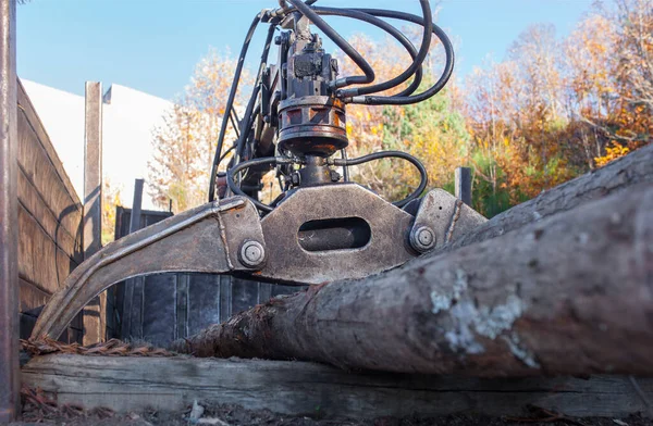 Open jaws of a crane grab loader tractor machine. selective focus