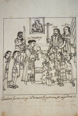 Yerli şeflerin vaftiz töreni. Tlaxcala tarifi Diego Munoz Camargo, 1581. Glasgow Üniversitesi 'nde müsvedde.