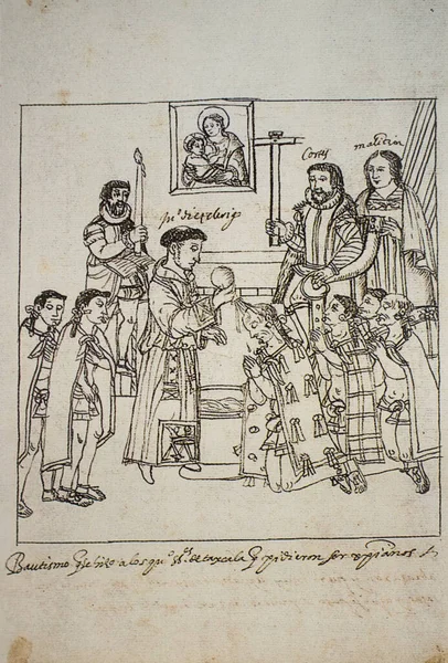 Taufe Indigener Häuptlinge Tlaxcala Beschreibung Von Diego Munoz Camargo 1581 — Stockfoto