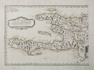 Madrid, İspanya - 11 Haziran 2020 Santo Domingo 18. yüzyıl haritası. Juan Lopez tarafından oyulmuş. Fransız egemenliği. Amerika Müzesi, Madrid, İspanya