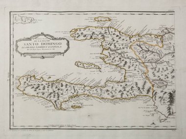 Madrid, Spain - Jul 11th, 2020: Santo Domingo map of 18th Century. Engraved by Juan Lopez. French dominion. Museum of the Americas, Madrid, Spain clipart