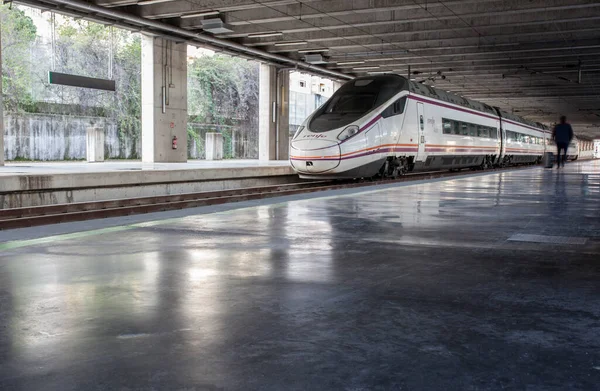 スペインの高速鉄道駅で電車に近づく旅行者 — ストック写真