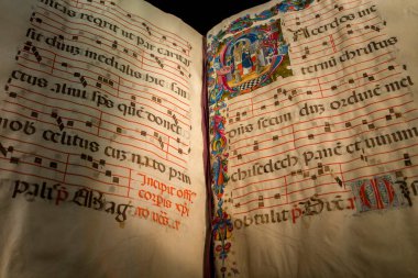 Dublin, Ireland - Feb 20th, 2020: Illuminated liturgical choir book, 13th century. Northern Italy. Chester Beatty Library