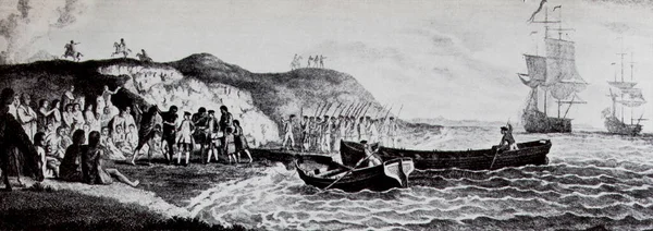 约翰拜伦1764年访问了巴塔哥尼亚 十八世纪的版画 — 图库照片