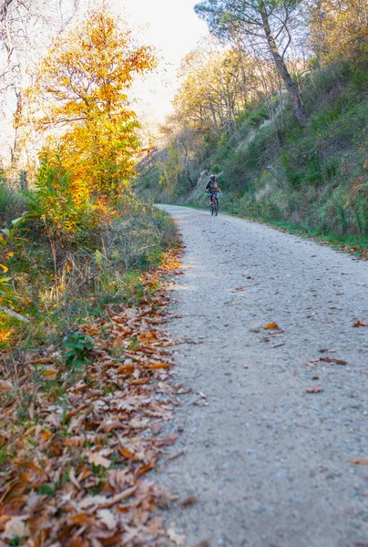 Biker Har Green Way Resplan Banos Montemayor Magiska Höstsäsongen Extremadura — Stockfoto