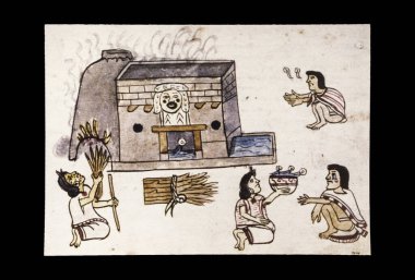 Rites arround the temazcal. Magliabechiano Codex. 16th-century Aztec codex. Museum of the Americas, Spain clipart