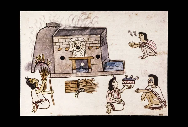 Temazcal 'ın etrafında ayinler. Magliabechiano Kodeks. 16. yüzyıl Aztek el yazması. Amerika Müzesi, İspanya