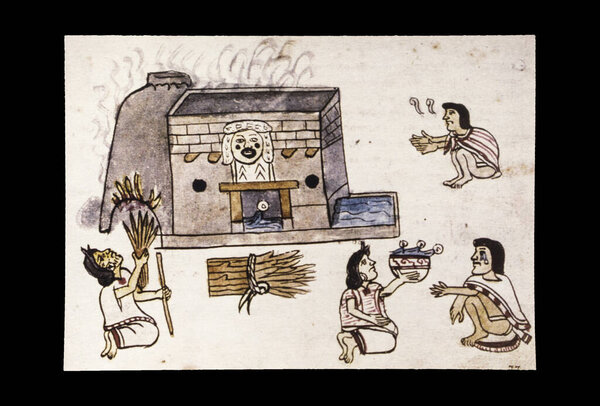 Rites arround the temazcal. Magliabechiano Codex. 16th-century Aztec codex. Museum of the Americas, Spain