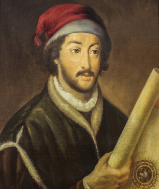 Juan de la Cosa portrait. 15th Century Navigator and cartographer. Painted by Luis Fernandez Gordillo in 1979. Naval Museum, Madrid clipart
