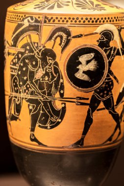 Madrid, İspanya - 6 Mart 2021: Ayax 'ın Achiles' in cesedini kaldırışını tasvir eden Lekythos. Edinbourgh Painter, MÖ 500. MAN, Madrid