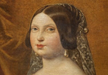 İspanya Kraliçesi II. Isabella 'nın portresi. Alman Hernandez Amores tarafından 1847 'de yapılmış. Madrid 'deki Müze Donanması. Yakın çekim.