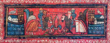 Hıristiyan şövalye ve Müslüman şövalye arasındaki savaş. Orijinali Mayorka Müzesinde, kopyası Templo de Diana Müzesi 'nde.