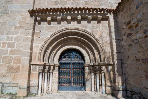 Romanesque doorway of Santa Eulalia Basilica in Merida. A showcase of the town twenty centuries of history, Extremadura, Spain