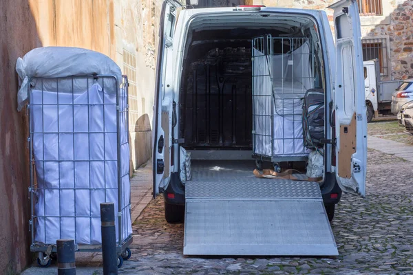 Picking Dirt Laundry Carts Van Equipped Lift Ramp Parked Old — Stock Photo, Image