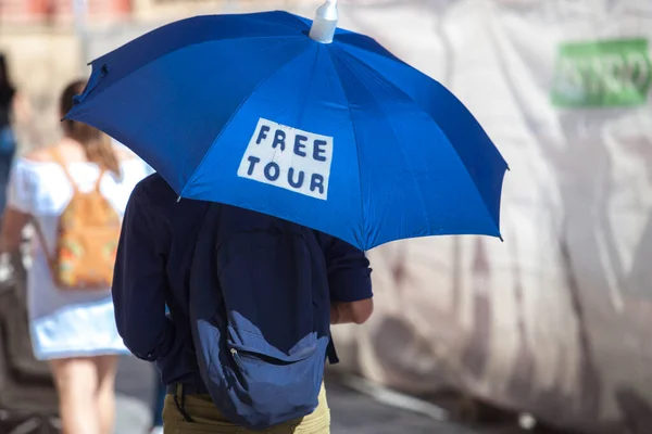 青い傘の男性無料ツアーガイド スペインのセビリアの歴史地区 サンタクルーズ地区 — ストック写真
