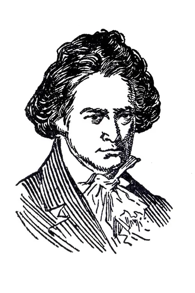 Retrato Ludwig Van Beethoven Compositor Pianista Alemão Desenho Livro Enciclopedia — Fotografia de Stock