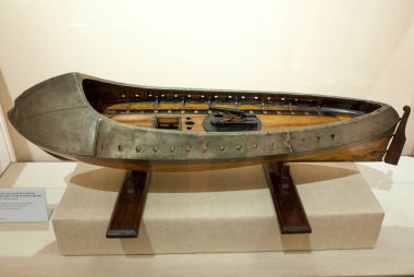 Madrid, Spain - March 6th, 2021: Armored gunboat model designed by Antonio Barcelo, 18th Century. Naval Museum of Madrid, Spain
