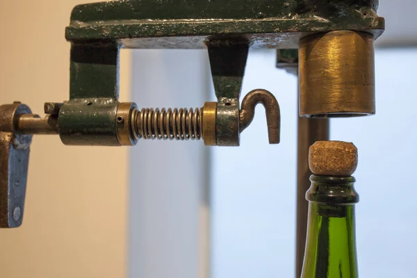 Old Corking Machine Cava Bottle Closeup — Stock Photo, Image