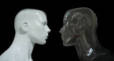 Siyah ve beyaz mankenler profili bozar. Siyah arkaplan üzerinde izole edilmiş