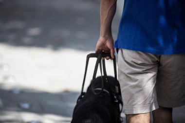 Siyah köpek rehberiyle yürüyen genç kör adam. Seçici odak