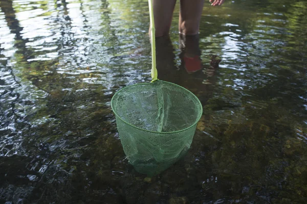 Petite Fille Jouant Avec Filet Pêche Dans Rivière Vacances Les — Photo