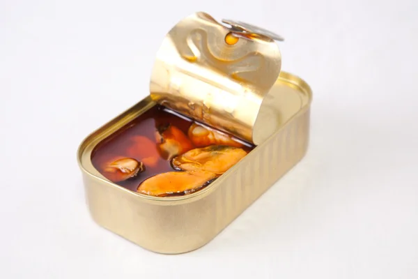Canned mussels with brown escabeche sauce — Stock Photo, Image