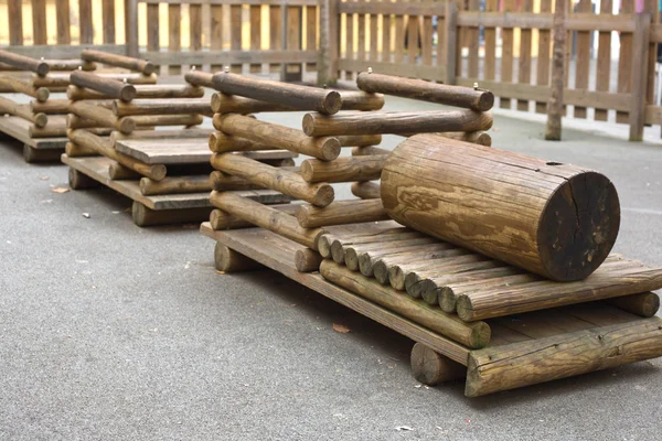 Trem de madeira no parque infantil — Fotografia de Stock