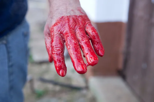 Рука фермера после перемешивания крови — стоковое фото