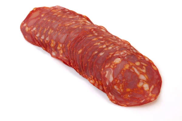 Tagliare fette di chorizo iberico rosso — Foto Stock