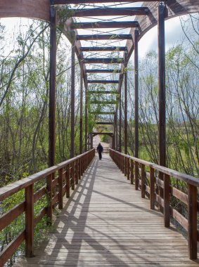 Adaja Nehri üzerindeki tahta köprü, Avila kasabası figüranları, Castille ve Leon, İspanya