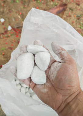 Yuvarlak beyaz çakıl taşları. Bahçecilikte bitkisel olmayan elementlerin kullanımı. Bahçıvan bir avuç dolusu taş tutuyor.