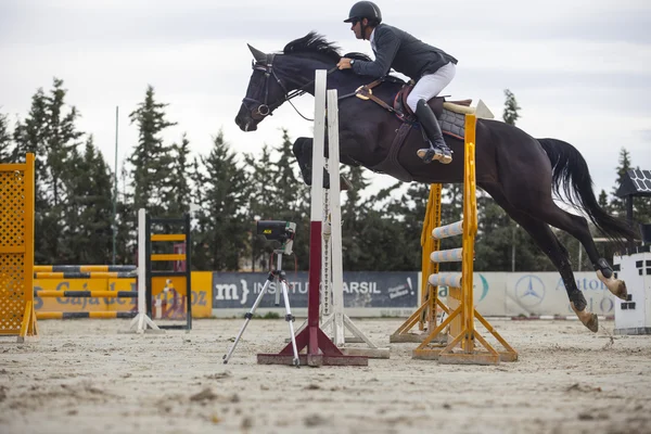 Cavaleiro pulando com cavalo — Fotografia de Stock