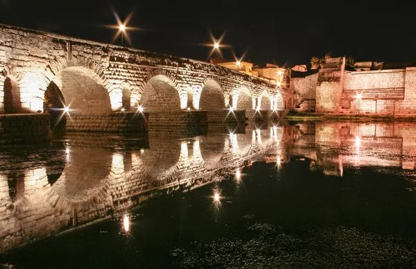 Romaren överbryggar och alcazaba på natten, Mérida, Spain — Stockfoto