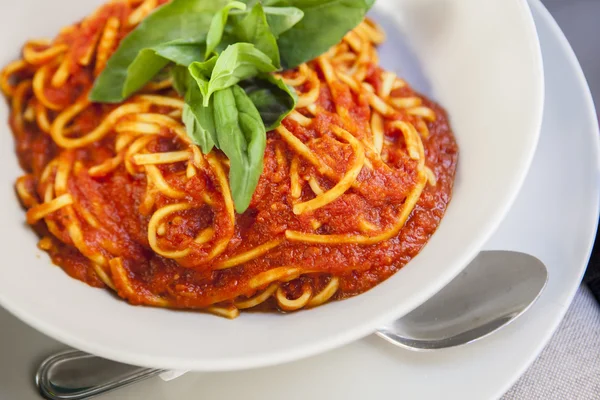 Placa de espaguetis boloñesa con guarnición de albahaca —  Fotos de Stock