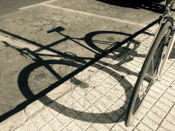Shadow of parked bicycle over the asphalt road — Stock Photo, Image