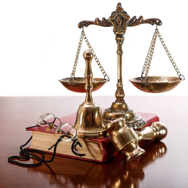 Bronze Scales Gavel Bell Glasses Book Table — Stock Photo, Image