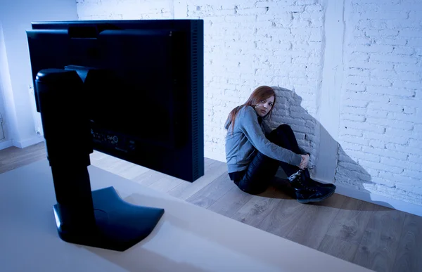 Teenager woman abused suffering internet cyberbullying scared sad depressed in fear face expression — Stock Photo, Image