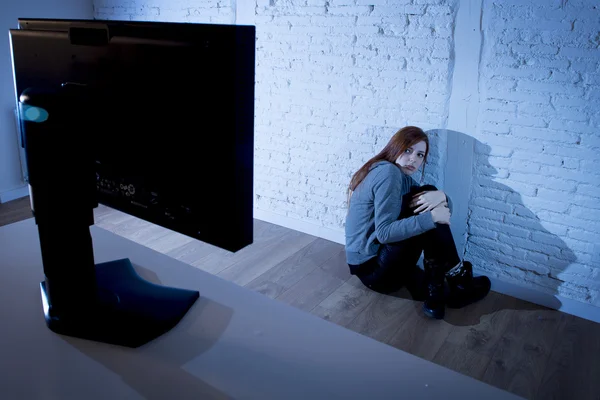 Teenager woman abused suffering internet cyberbullying scared sad depressed in fear face expression — Stock Photo, Image