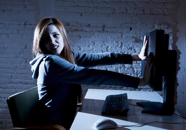 Teenager woman abused suffering internet cyberbullying scared sad depressed in fear face expression — Stock Photo, Image