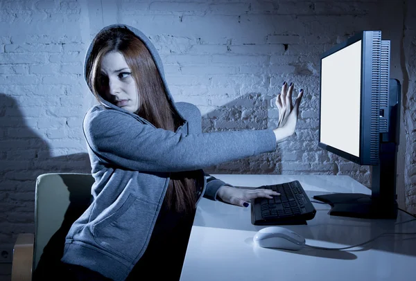 Teenager woman abused suffering internet cyberbullying scared sad depressed in fear face expression — Stock Photo, Image