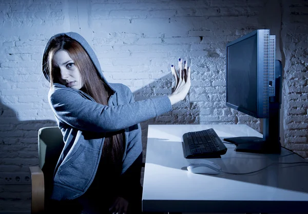 Teenager woman abused suffering internet cyberbullying scared sad depressed in fear face expression — Stock Photo, Image