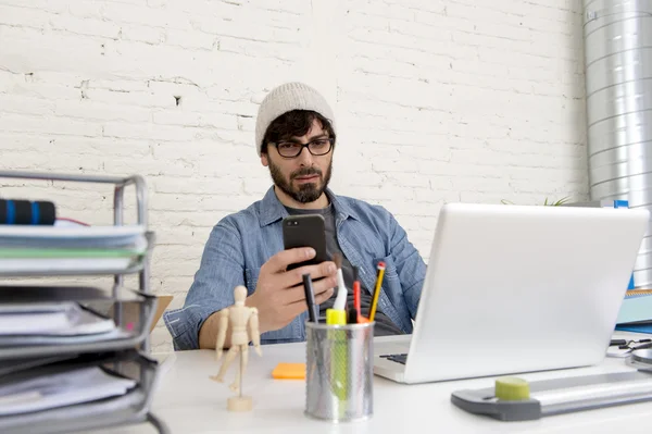 Corporate portrait of young hispanic attractive hipster businessman working at modern home office — Stock Photo, Image