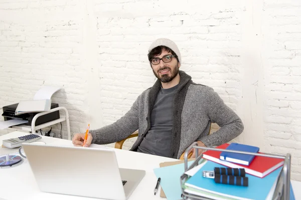 Corporate portrait young hispanic attractive hipster businessman working with computer modern home office — Stock Photo, Image