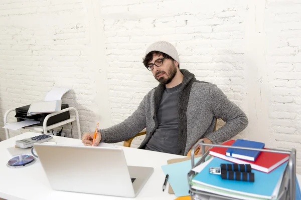 Corporate portrait young hispanic attractive hipster businessman working with computer modern home office — Stock Photo, Image