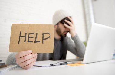 young tired hispanic hipster businessman busy asking for help suffering stress