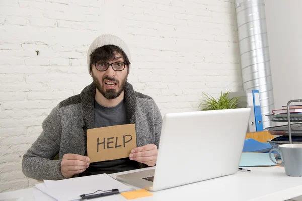 Young tired hispanic hipster businessman busy asking for help suffering stress — Stok fotoğraf